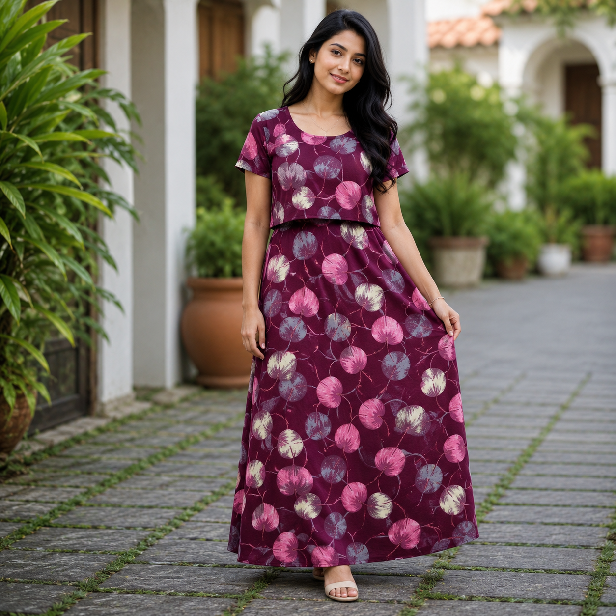 Maroon Leafs Print Zipless Feeding Loungewear (XXL) BB