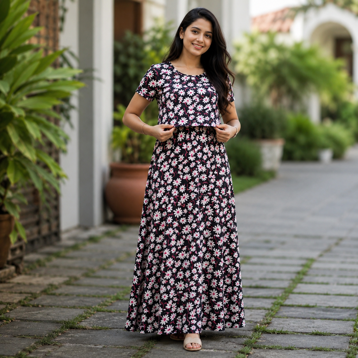White Flower Print Zipless Feeding Loungewear (M) BB