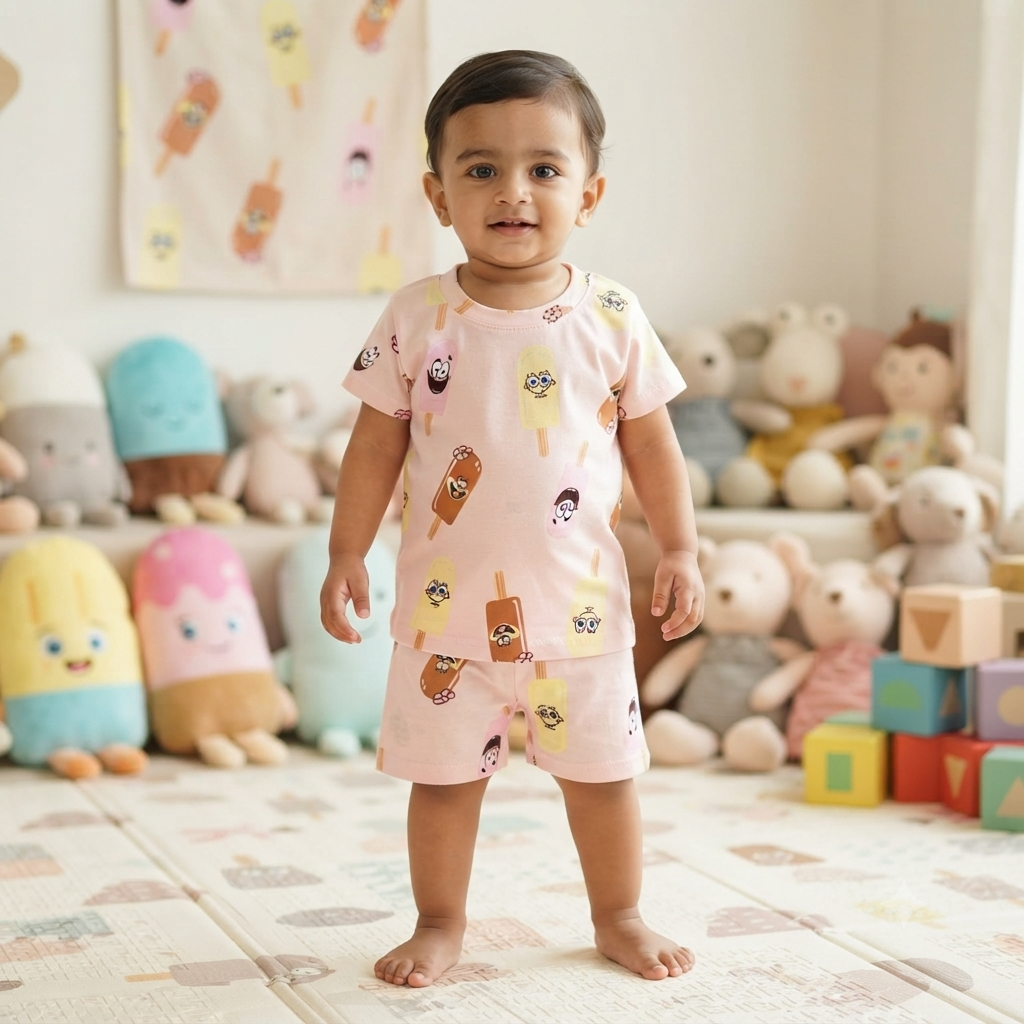 Cartoon Popsicle Print Shorts Cordset (2year to 3year)