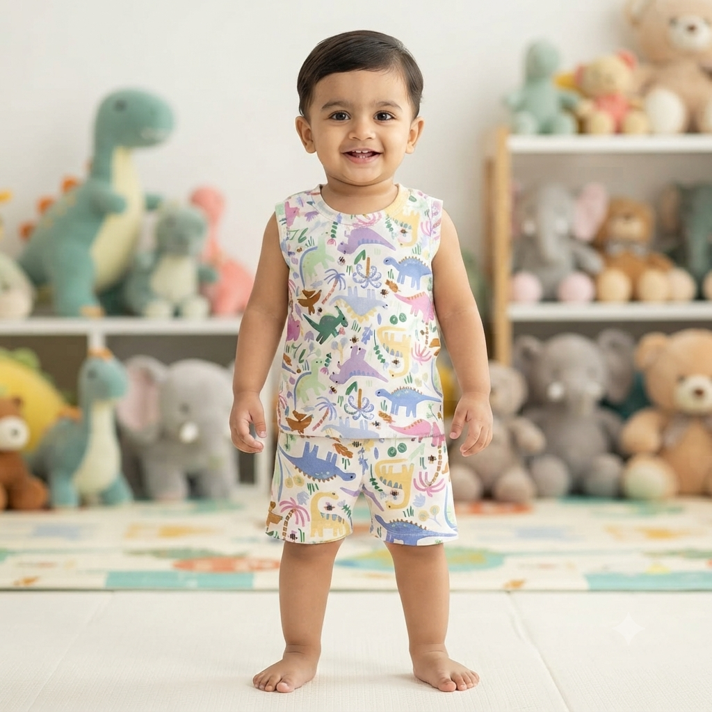 Multi Dino Print Sleeveless Shorts Cordset (2year to 3year)