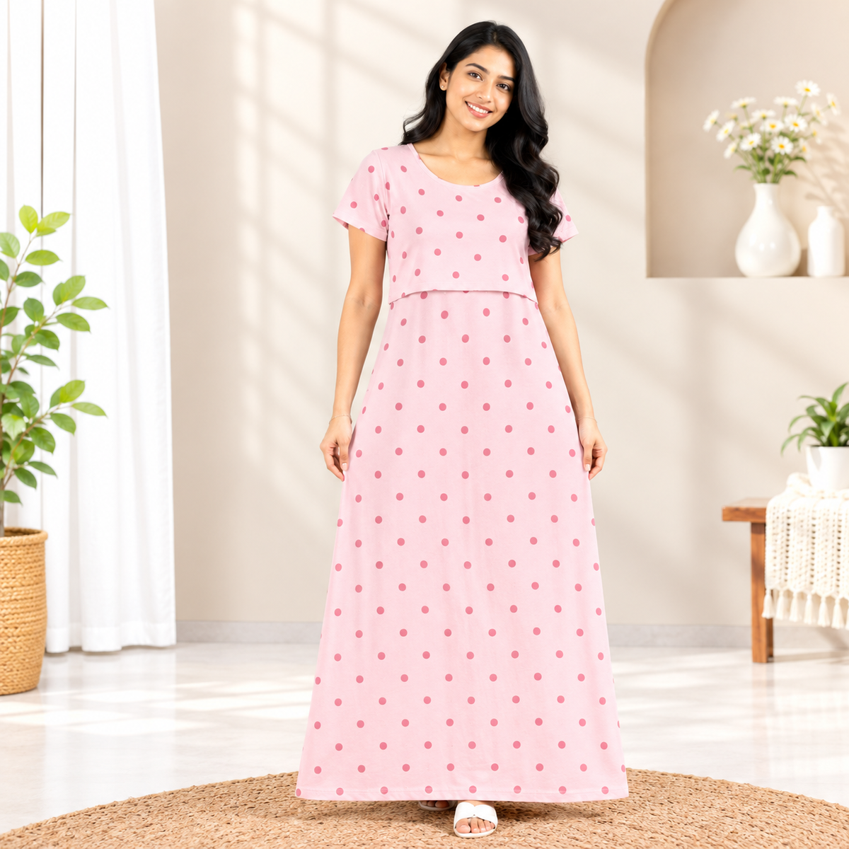 Pink Dots Print Zipless Feeding Loungewear (L)