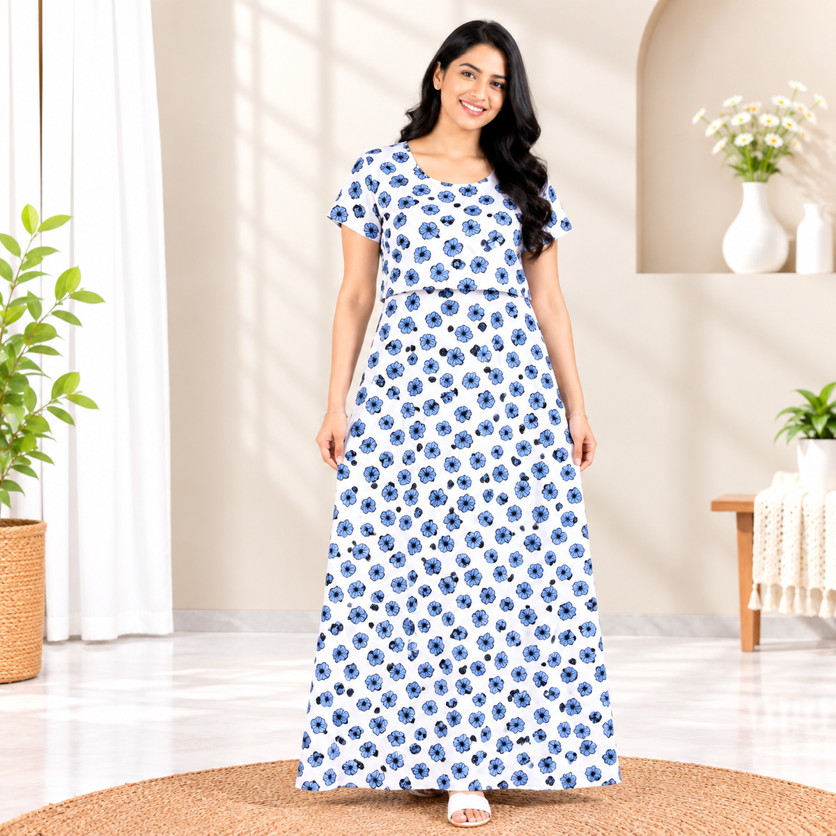 Blue Flowers Print Zipless Feeding Loungewear (L)