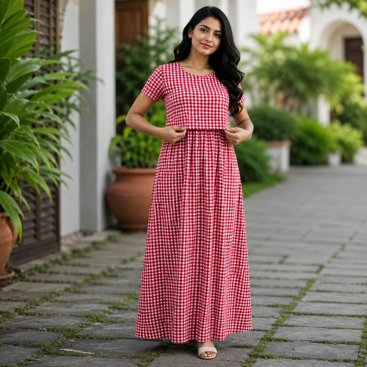 Red Checkered Print Zipless Feeding Loungewear (L)