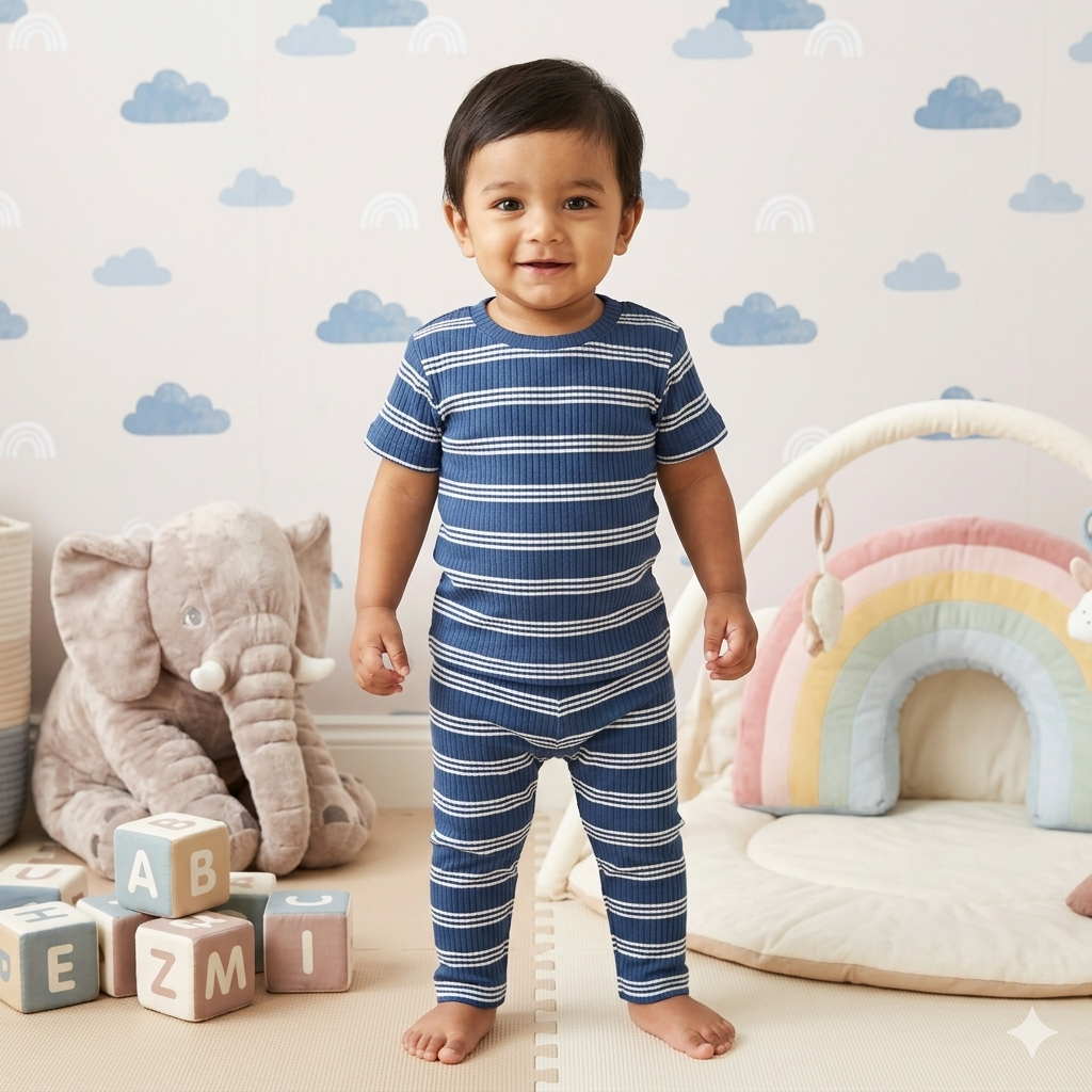 Blue with White Print Premium ribbed pant Cordset (3year to 4year)