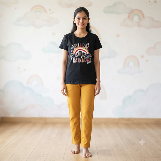 Black Rainbow Print Womens T-shirts (L)