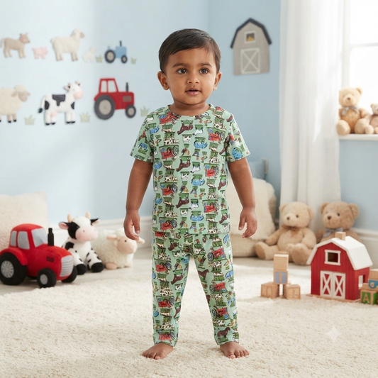 Green Multi Animals Print Premium Ribbed Pant Cordset (5year to 6year)