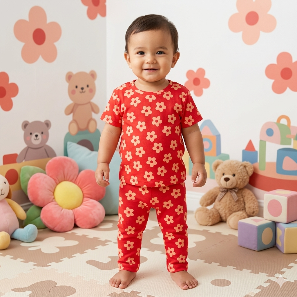 Red Flower Print Premium ribbed pant Cordset (2year to 3year)