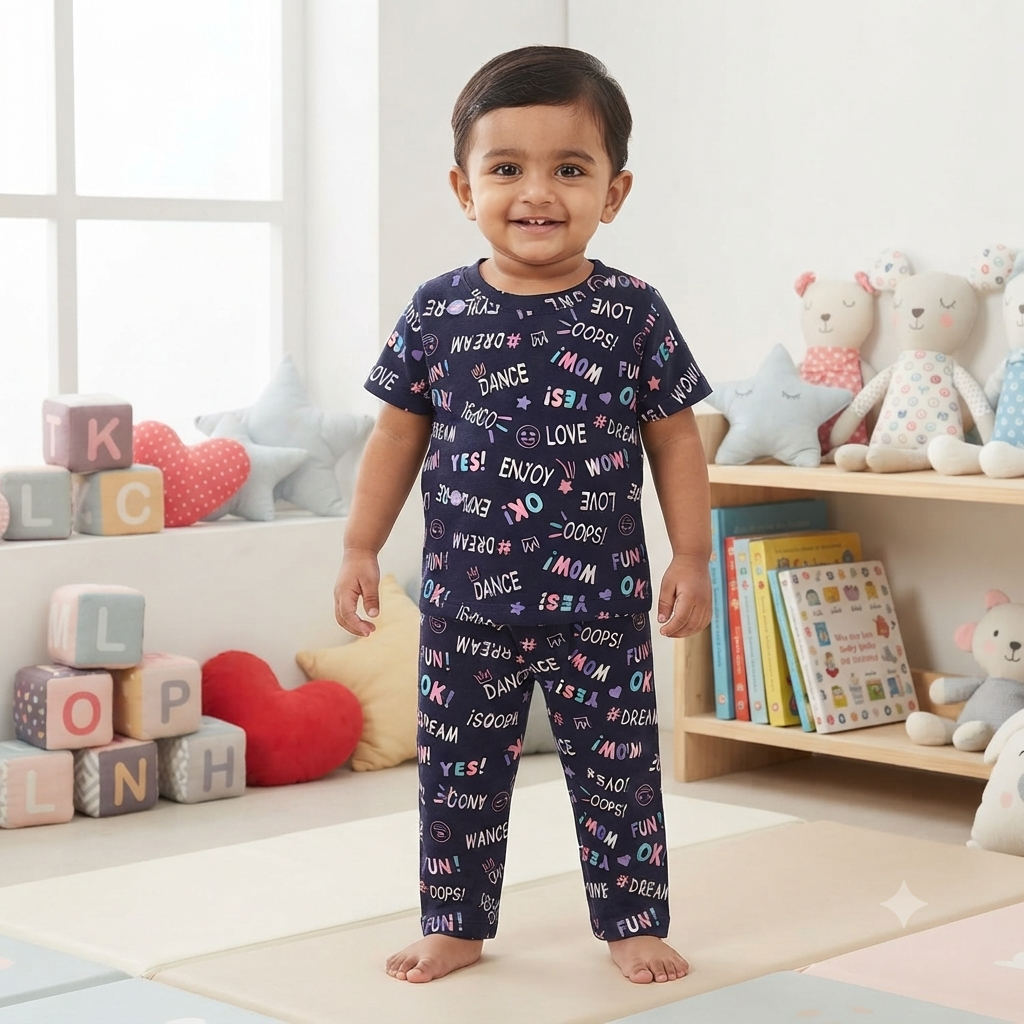 Navy Happiness Print Pant Cordset (6month to 1year)