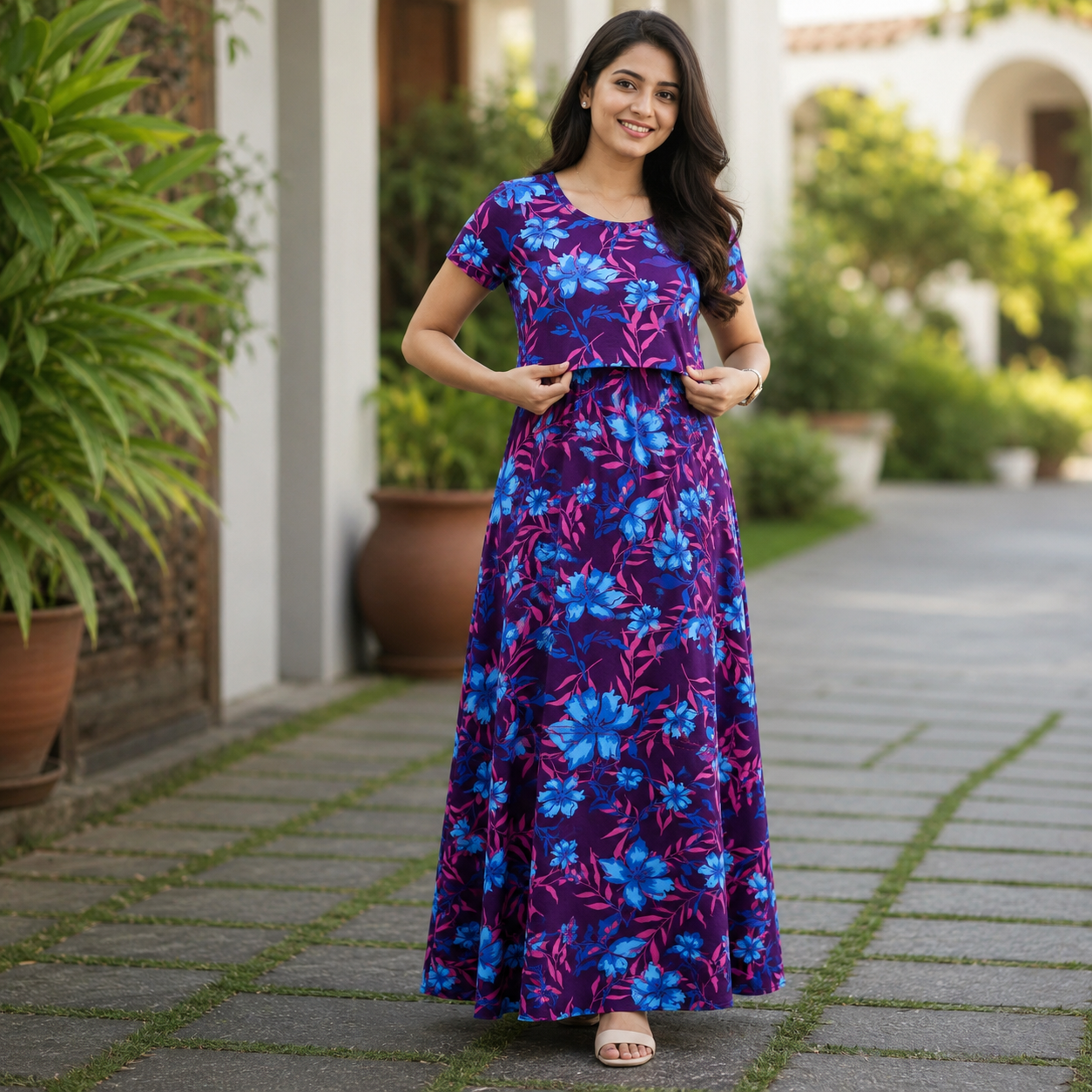 Purple Flower & Leaf Print Zipless Feeding Loungewear (M) BB