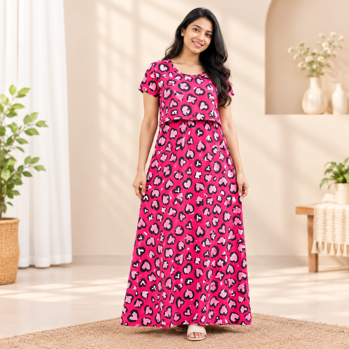 Pink Hearts Print Zipless Feeding Loungewear (M)