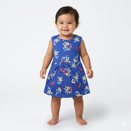 Blue Flower Print Sleeveless Frock (Newborn to 6month)