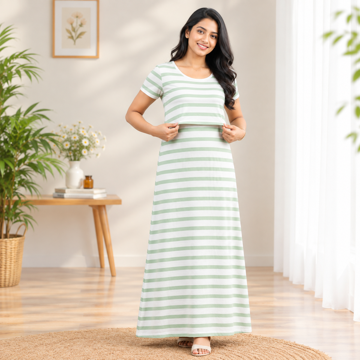 Light Green Print Zipless Feeding Loungewear (M)