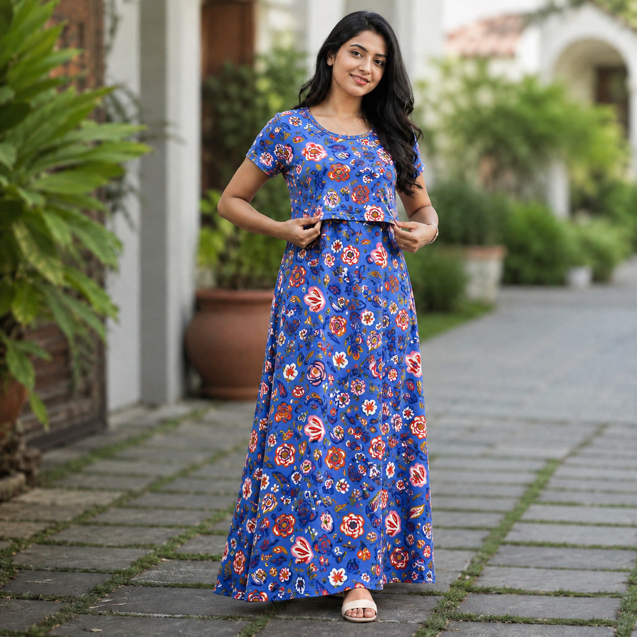 Blue Flower Print Zipless Feeding Loungewear (L)