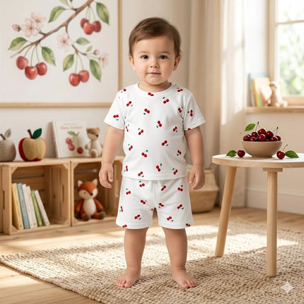 Red Cherry Print Premium Ribbed Shorts Cordset (4year to 5year)
