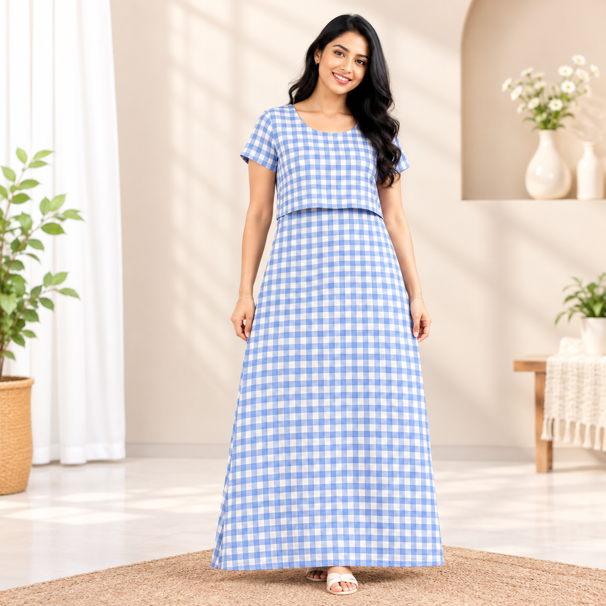 Blue & White Checkered Print Zipless Feeding Loungewear (L)