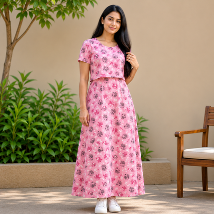 Pink Peacock Print Zipless Feeding Loungewear