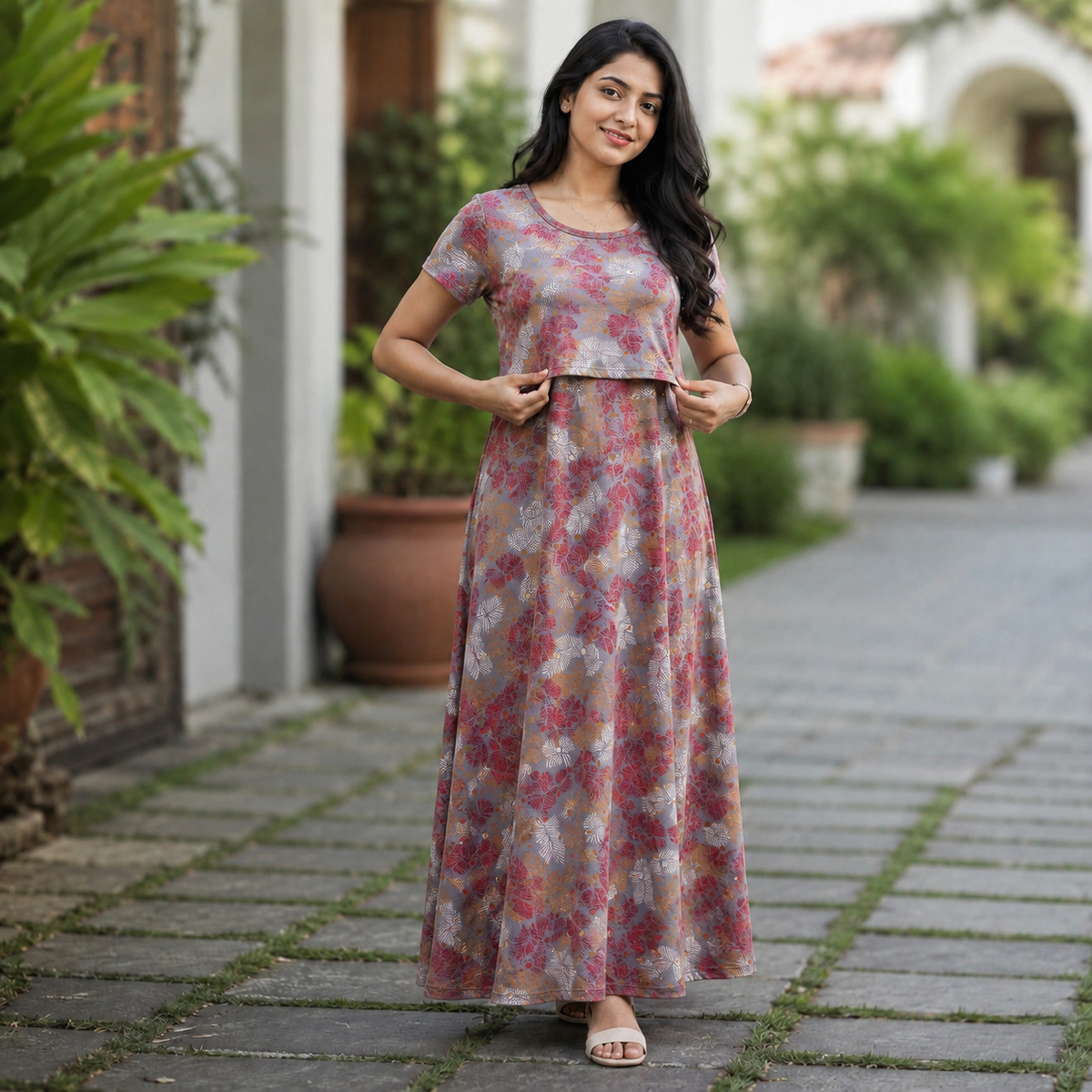 Unique maroon Print Zipless Feeding Loungewear (L)