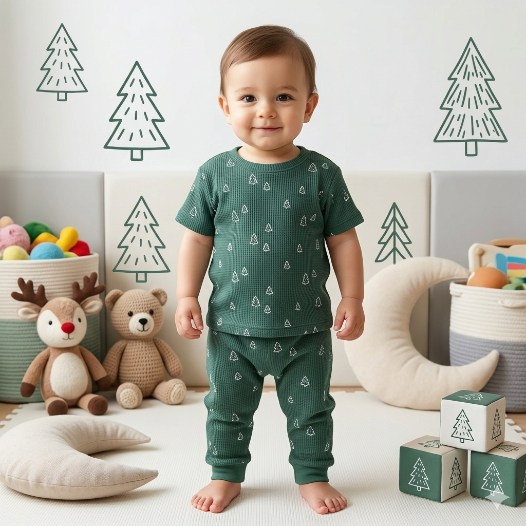 Green Christmas Print Premium ribbed pant Cordset (2year to 3year)