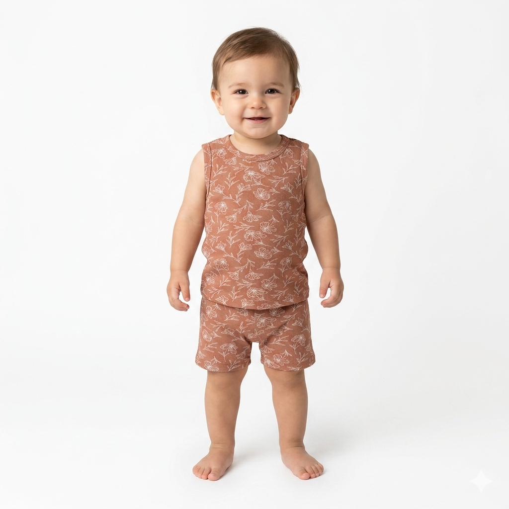Brown Flower Print Sleeveless Shorts Cordset (3year to 4year)