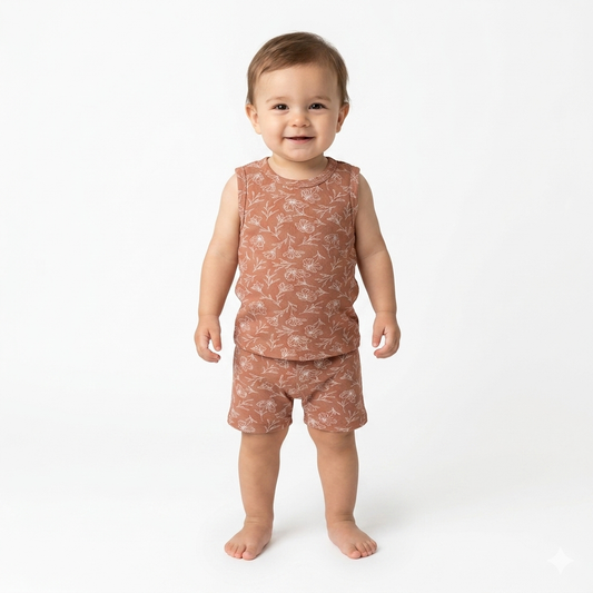 Brown Flower Print Sleeveless Shorts Cordset (4year to 5year)