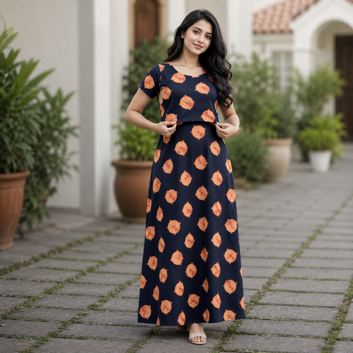 Orange Pumpkin Print Zipless Feeding Loungewear (M)