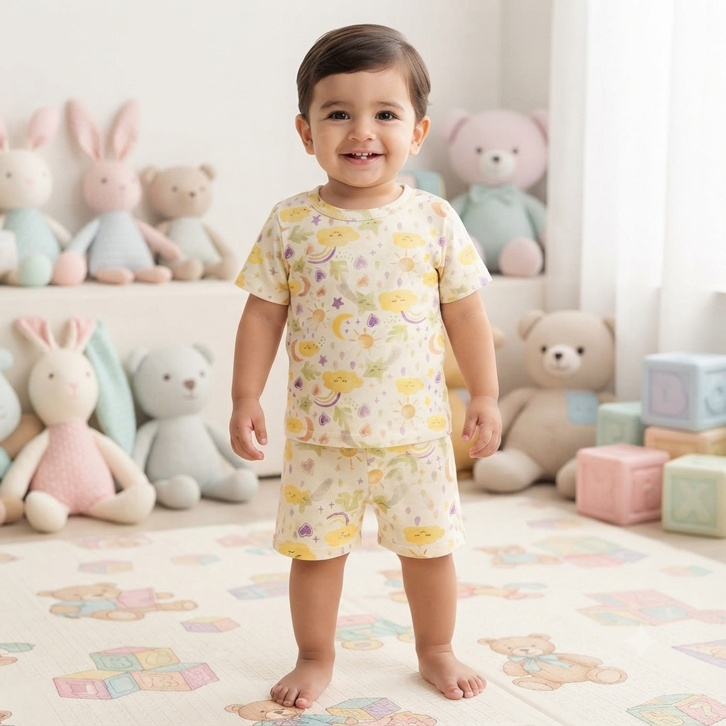 Yellow Sun & Moon Print Shorts Set (1year to 2year)