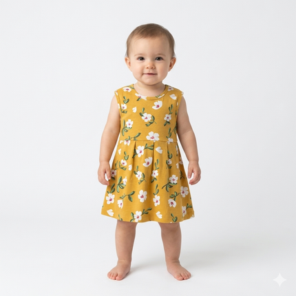 Yellow Flower Print Sleeveless Frock (6month to 1year)