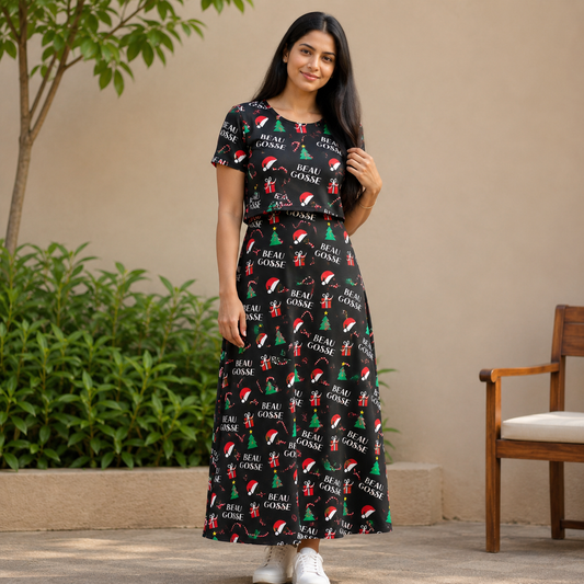 Black Santa Print Zipless Feeding Loungewear (L)