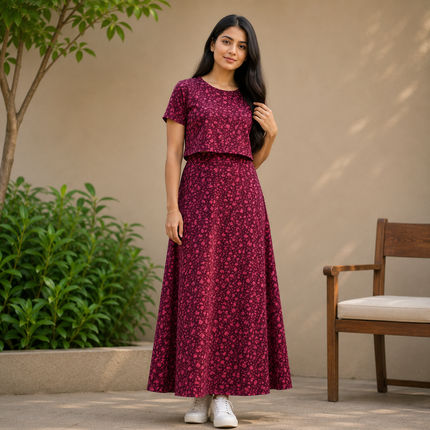 Maroon Print Zipless Feeding Loungewear