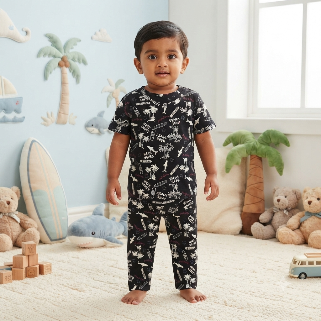 Black Palm Tree Print Premium Ribbed Pant Cordset (5year to 6year)