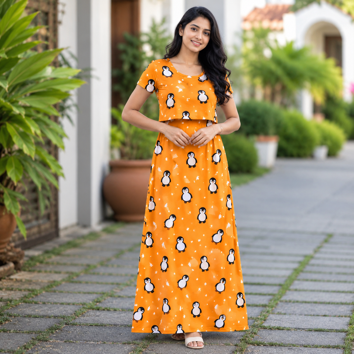 Yellow Penguins Print Zipless Feeding Loungewear (M)