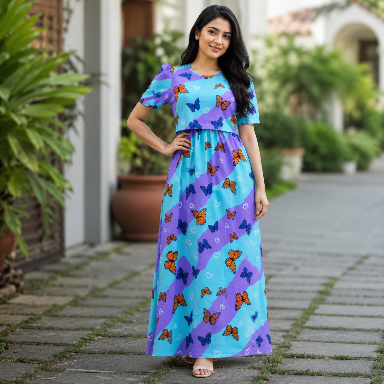 Blue Butterfly Print Zipless Feeding Loungewear (L) Puff Sleeve