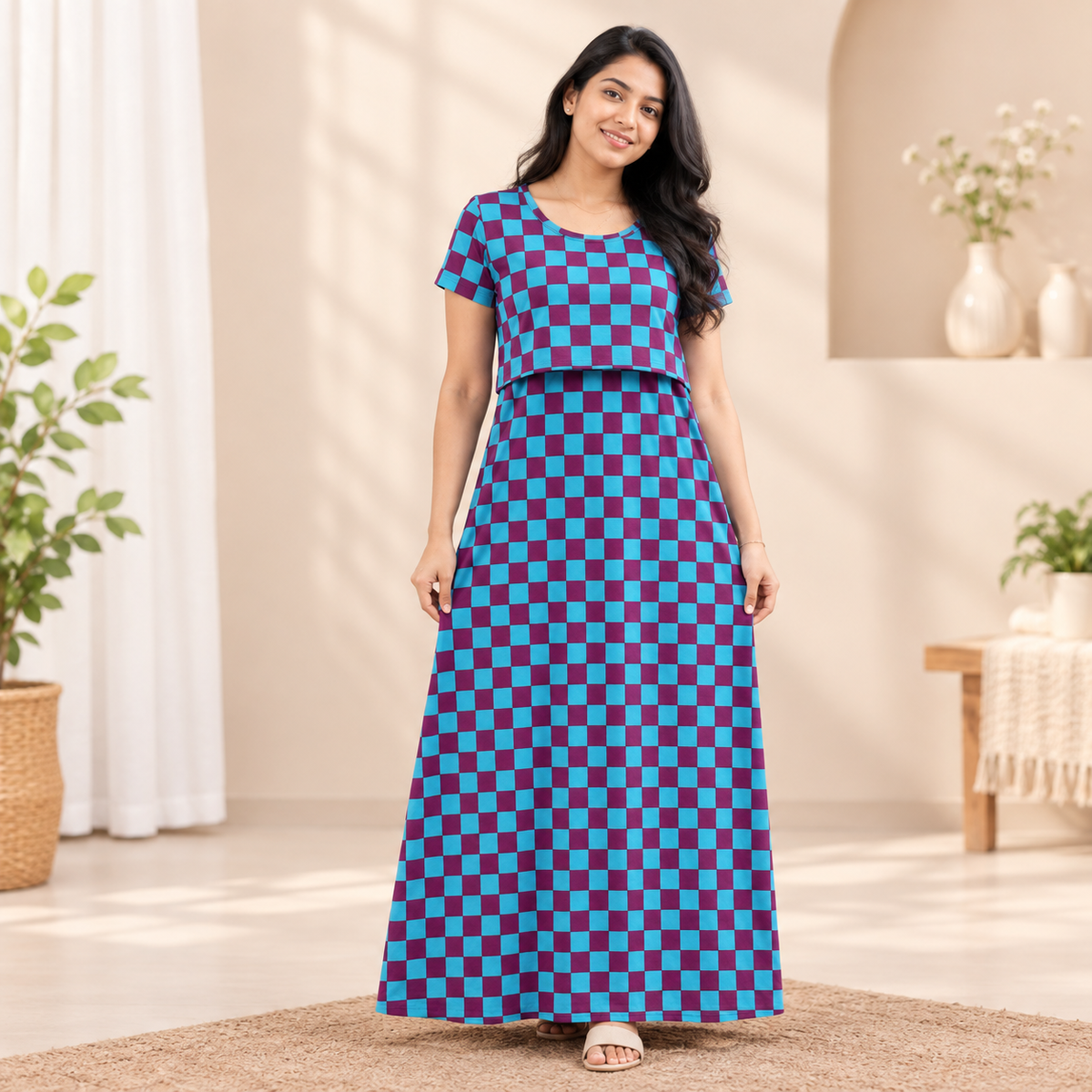 Blue & Purple Checkered Print Zipless Feeding Loungewear (M)