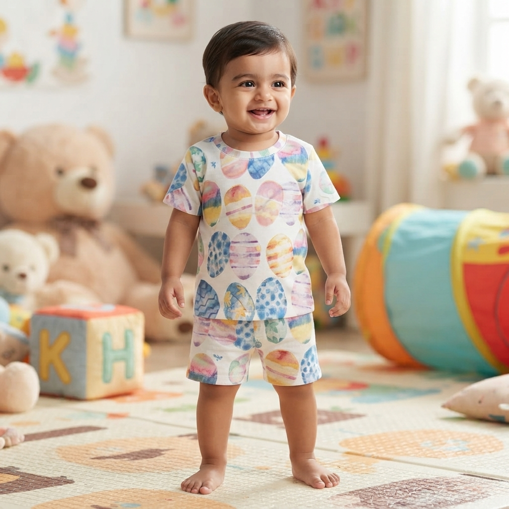 Colourfull Egg Print Shorts Cordset (2year to 3year)