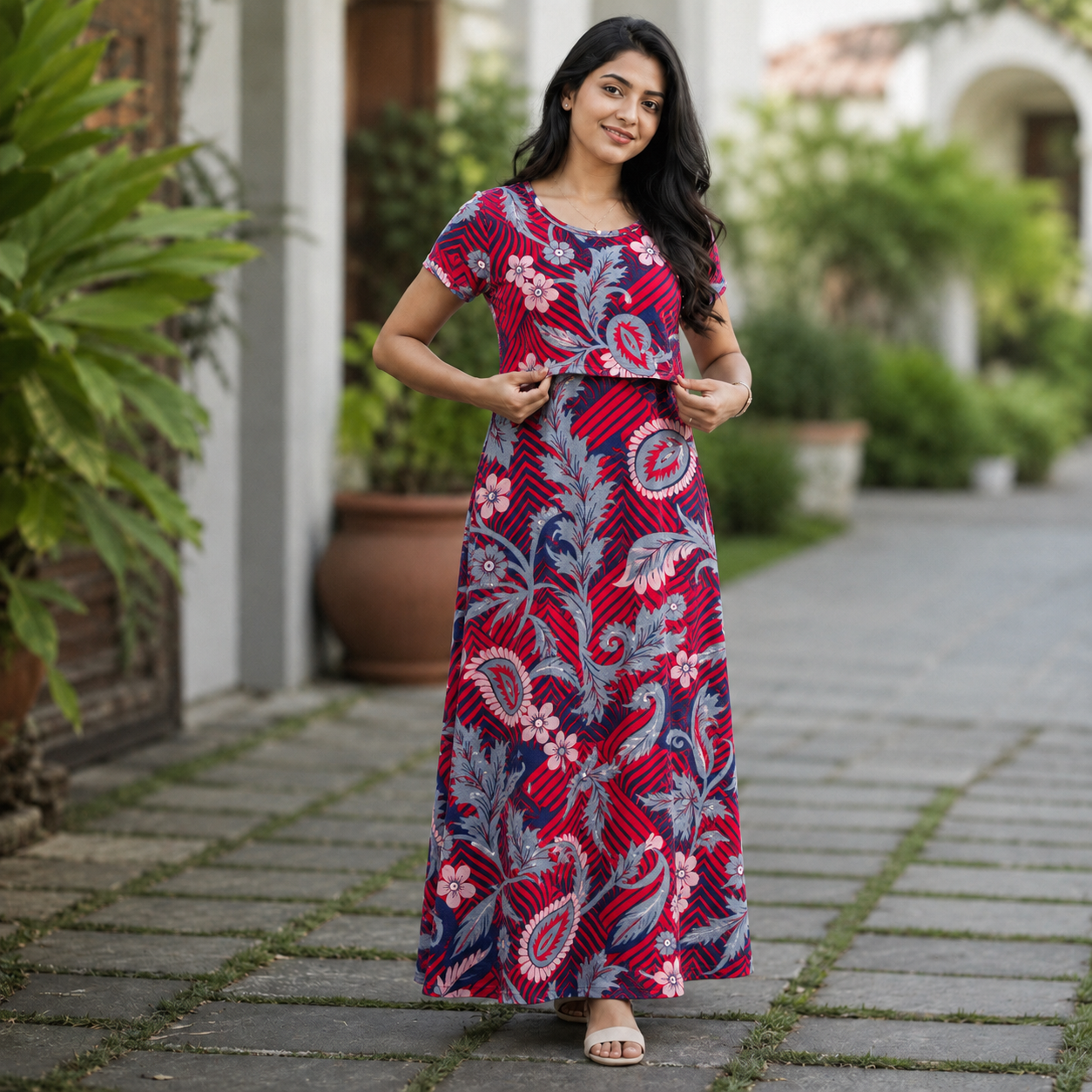 Red Flower Pattern Print Zipless Feeding Loungewear (XL) BB