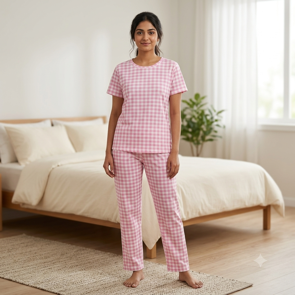 Pink Checkered Print Pyjamas (S)