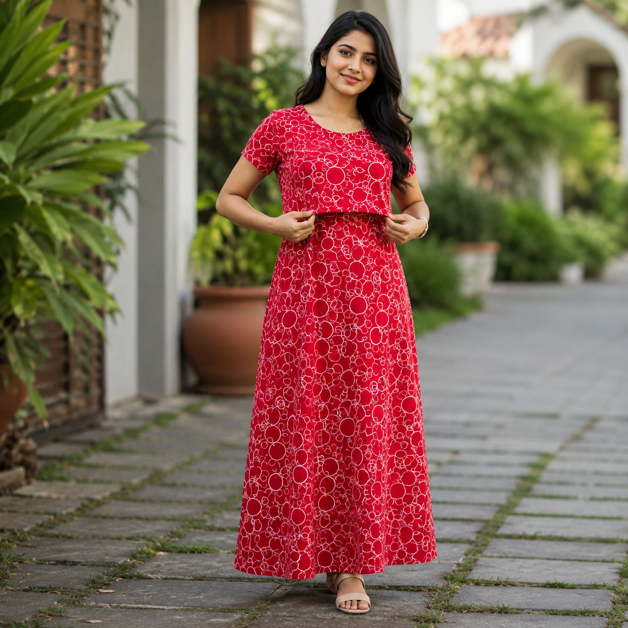 Red & White Circle Print Zipless Feeding Loungewear (XL) BB