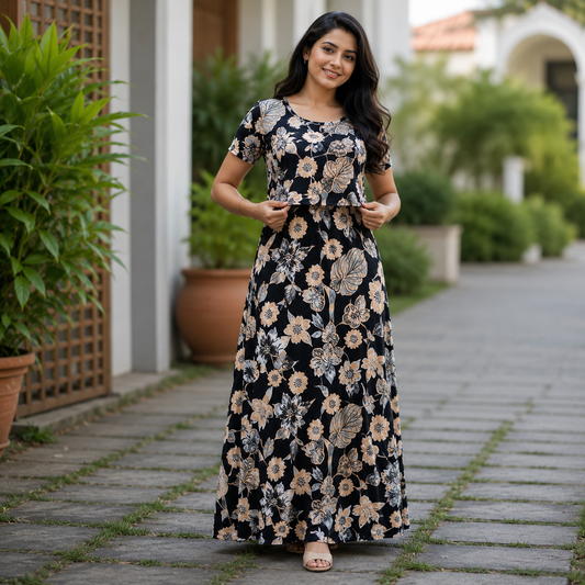 Black Flower & Leaf Print Zipless Feeding Loungewear (L) BB