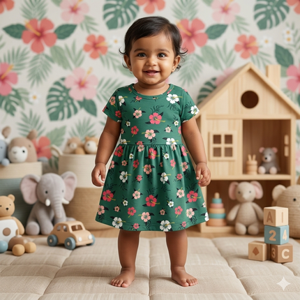 Green Flower Print Frock (18month to 2year)