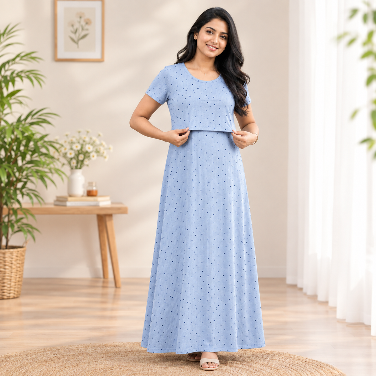 Blue Multi Dot Print Zipless Feeding Loungewear (M)