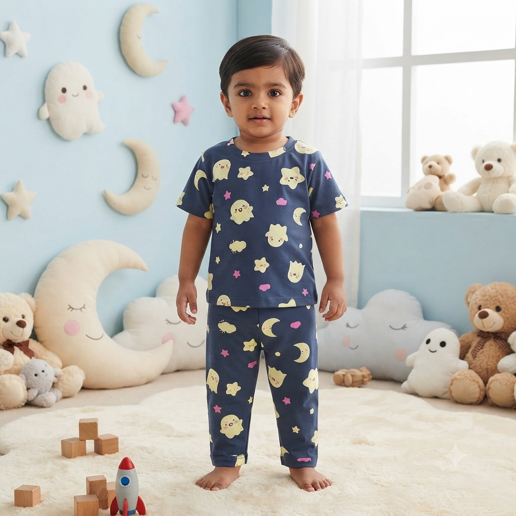 Blue Star & Moon Print Premium Ribbed Pant Cordset (2year to 3year)