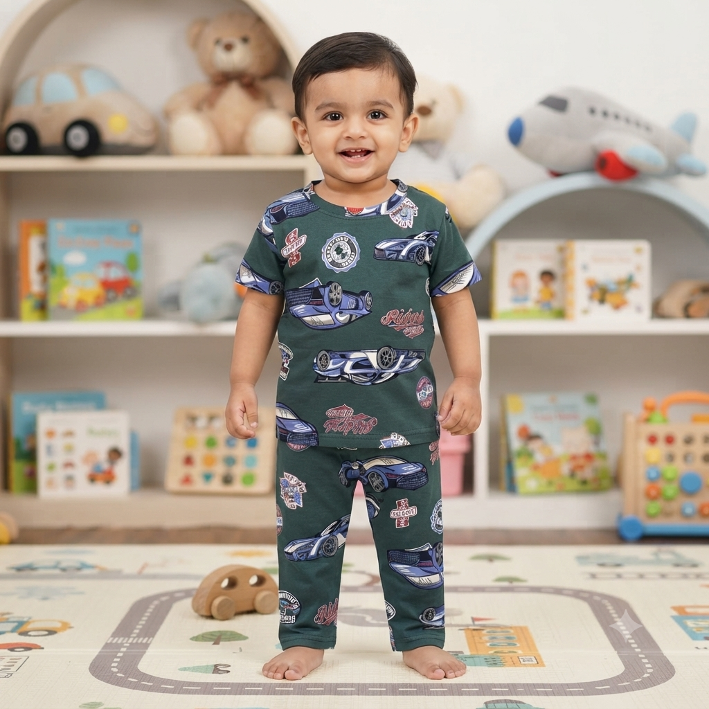 Green Race Car Print Pant Set (7year to 8year)