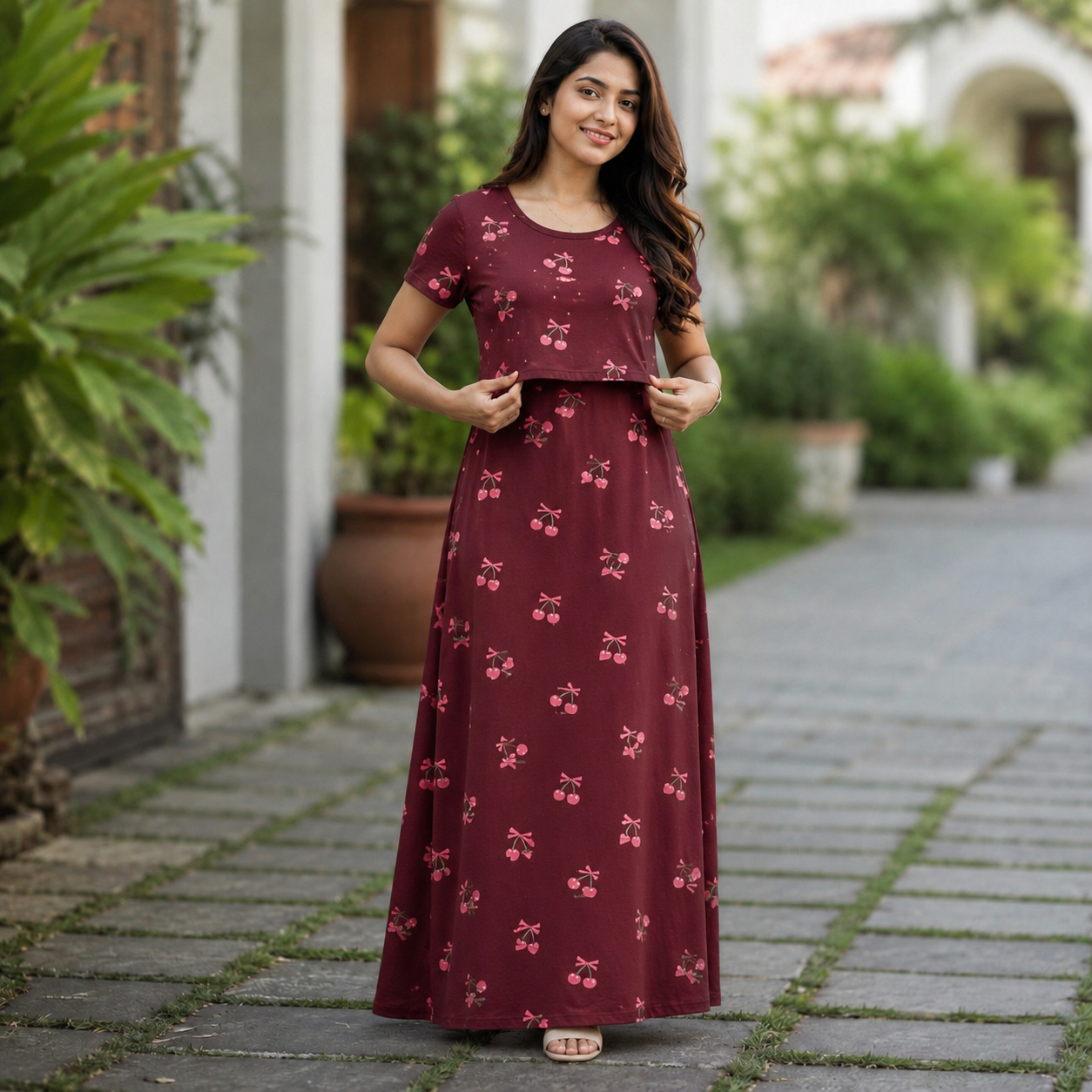 Maroon Cherry Print Zipless Feeding Loungewear (L) BB