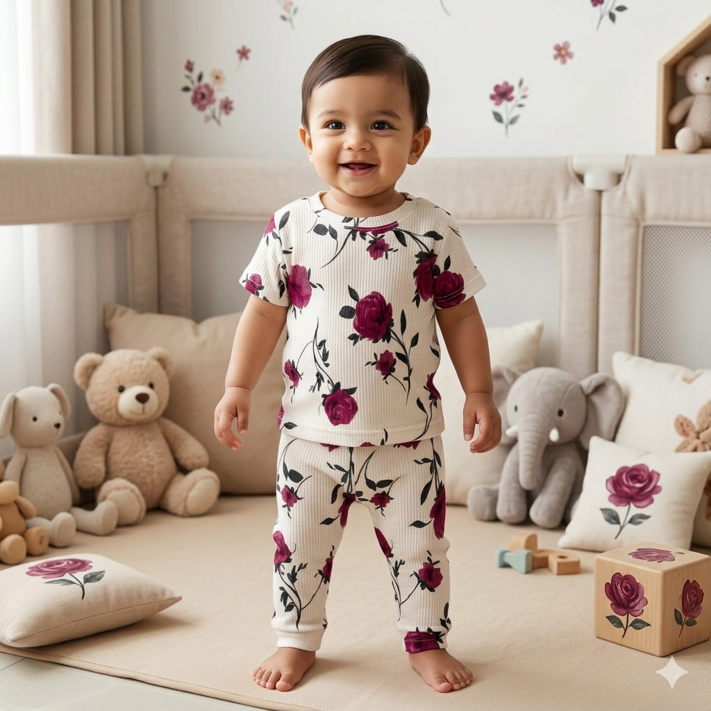 Rose Print Premium ribbed pant Cordset (1year to 2year)