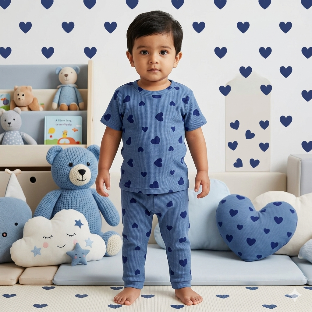 Blue Heart Print Premium ribbed pant Cordset (2year to 3year)