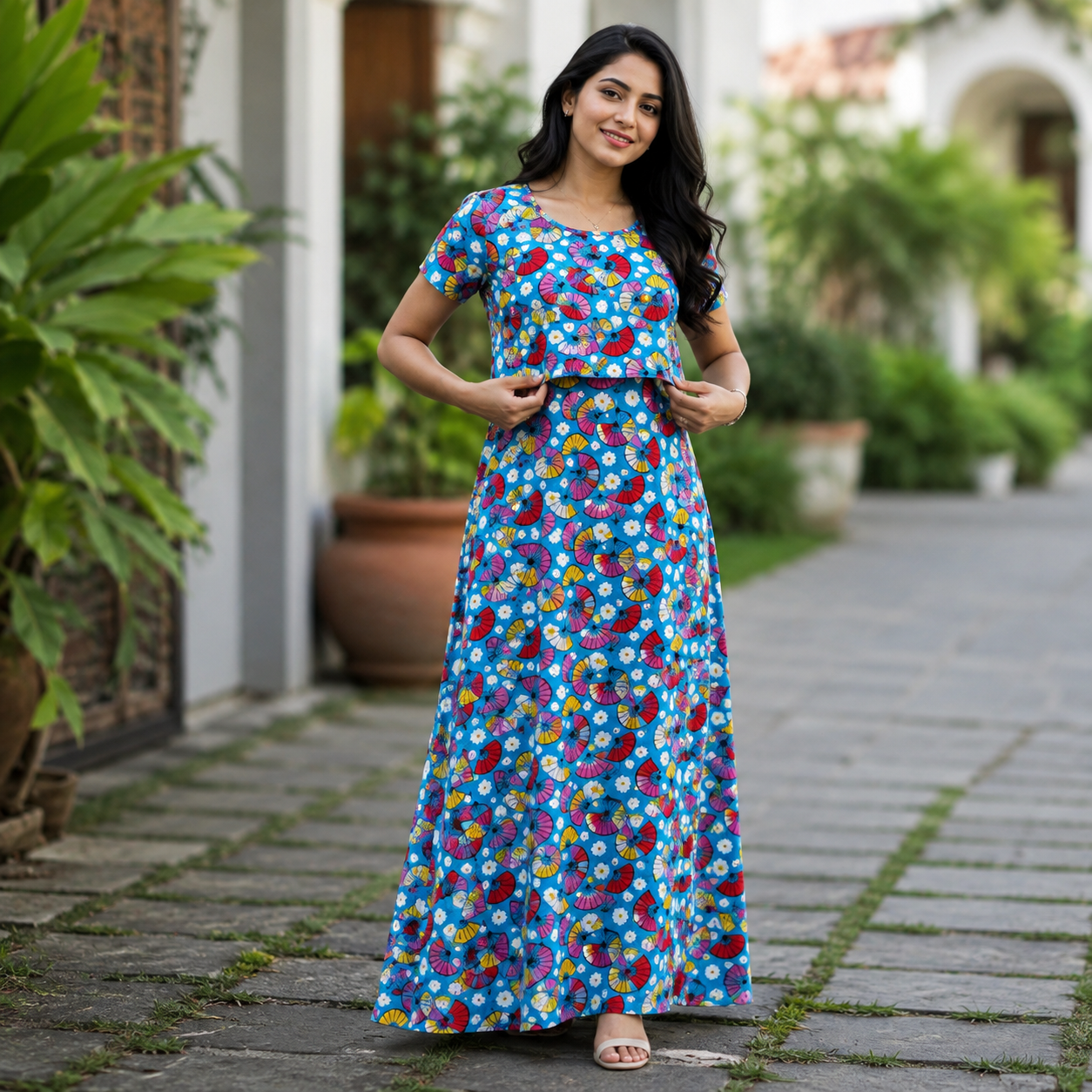Blue Colourful Print Zipless Feeding Loungewear (L)