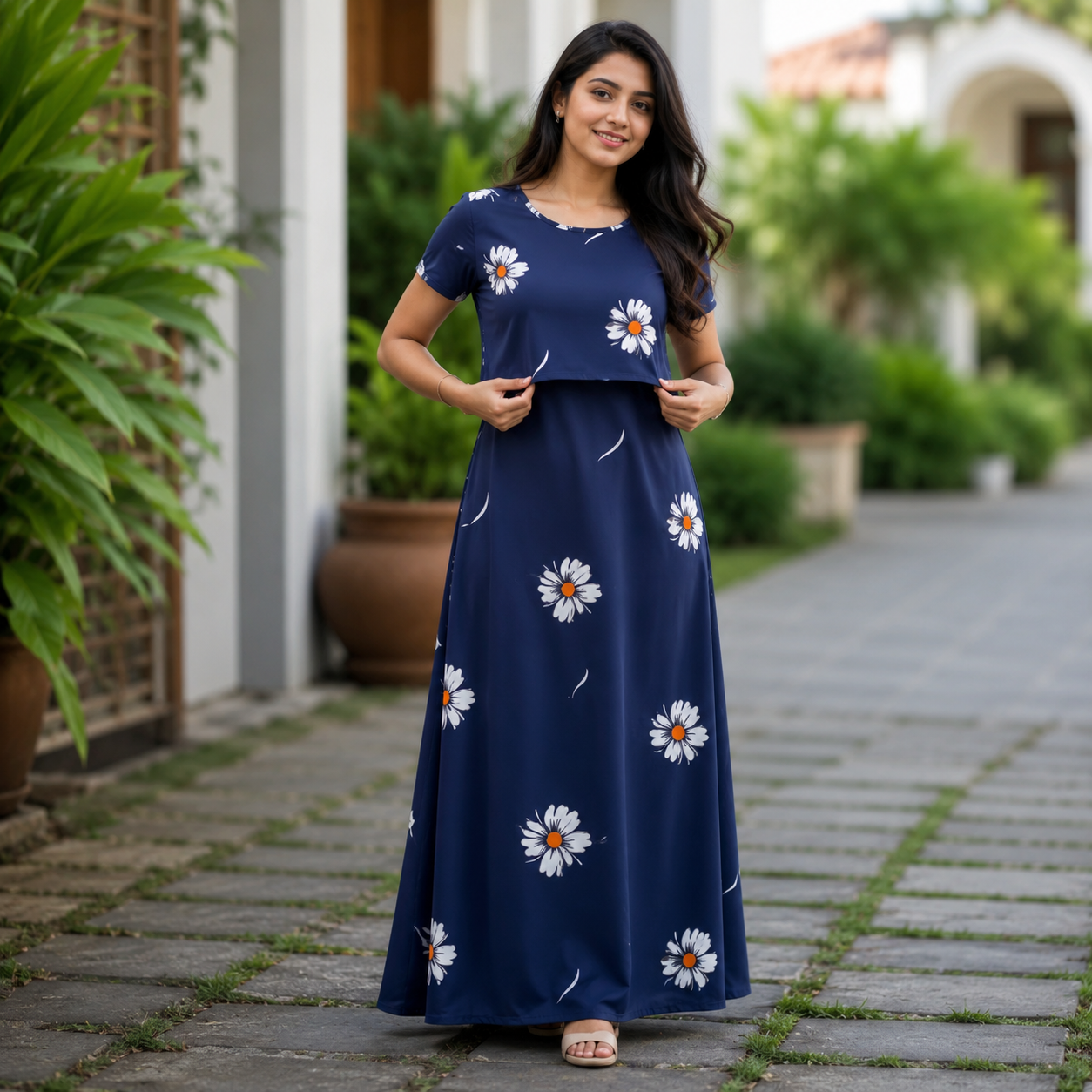 Navy Sunflower Print Zipless Feeding Loungewear (L) BB