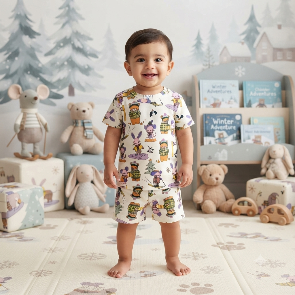 Playfull Cartoon Premium Ribbed Shorts Cordset (4year to 5year)