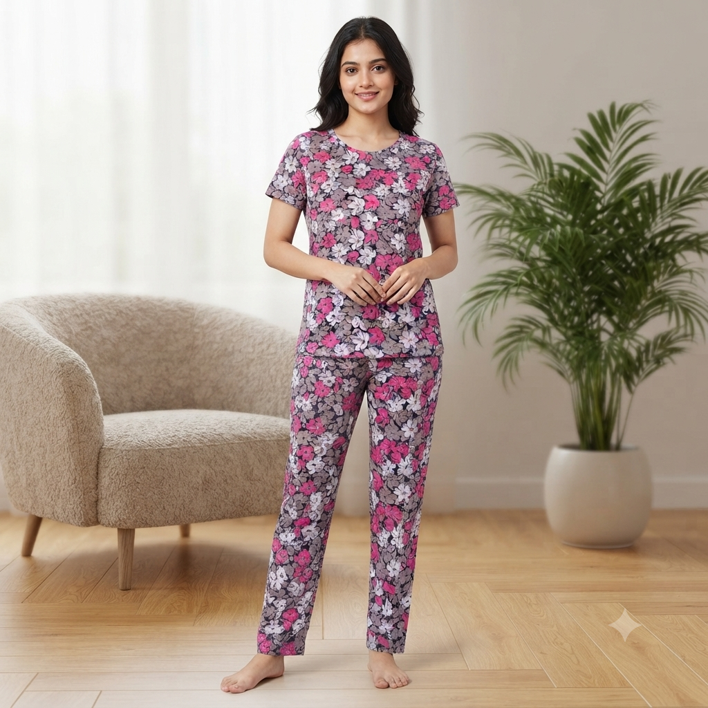 Pink & White Floral Print Pyjamas (XL)
