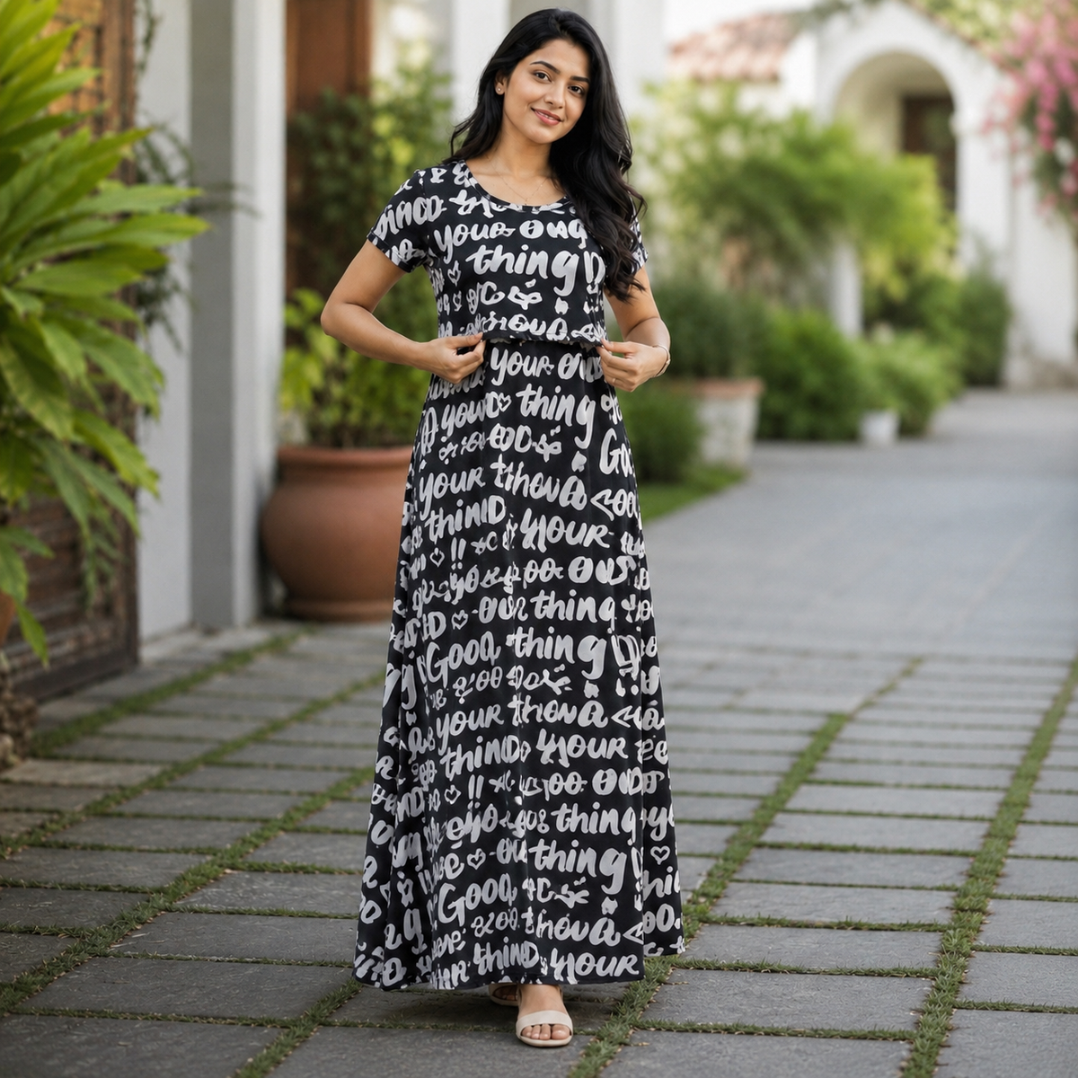 Black Letters Print Zipless Feeding Loungewear (M)